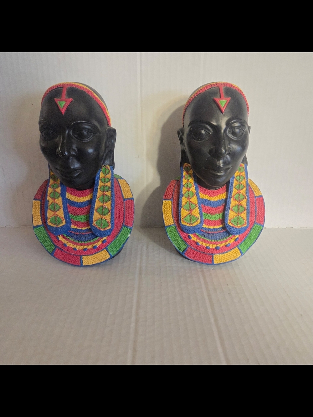 Handcrafted Beaded Black Face Wall Plaque Pair - Multicolor set of 2 7" tall cer